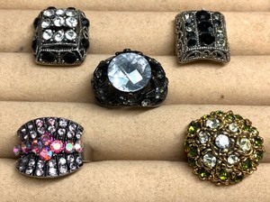 Vintag Lot 5 Multicolor Deco Rhinestone Silver Chunky Rings Size  7.5/Adjustable