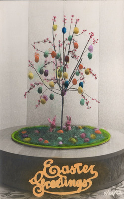 Easter Greetings Hand Colored RPPC Postcard Egg Tree Rabbits Bunny