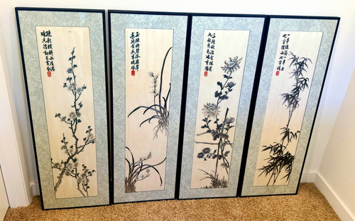 Chinese Embroidered, Silk Threadwork, Four Gentlemen (Sì Jūnzǐ), Vintage