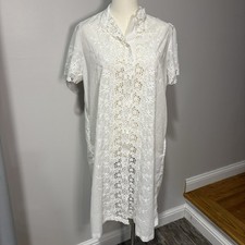 Vtg IRIS LINGERIE Nightgown M Embroidered Floral Sheer Eyelet White Button Down