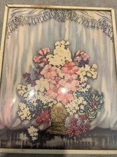 Quadro vintage anni 30 metallo incorniciato stampa floreale vetro convesso rovescio 4 x 5"