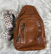 Camel Brown Faux Leather Sling Bag Women Crossbody Chest Fanny Pack Boho Travel