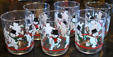 Vtg Set 6 LIBBEY Lowball Glass Tumbers DANCING HOLIDAY SNOWMEN Red/Green 16 oz