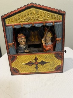 Cast Iron Punch and Judy Large Letter Mechanical Bank Shepard Hardware 1884