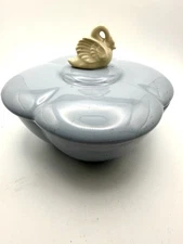 VINTAGE Light Blue Trinket Candy Dish w Swan Topper Handle Chadwick? 41R Stamp