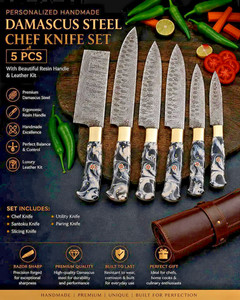 Handmade 5 pcs Damascus steel Kitchen chef knife set with leather bag