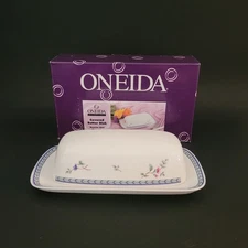 Oneida Porcelain Blue Lattice Covered Butter Dish The Select Collection NIB