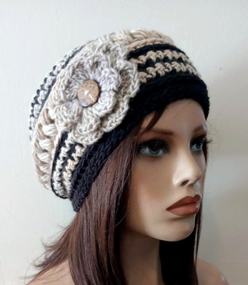 crochet womans handmade flower hat beanie whisper brown puffs