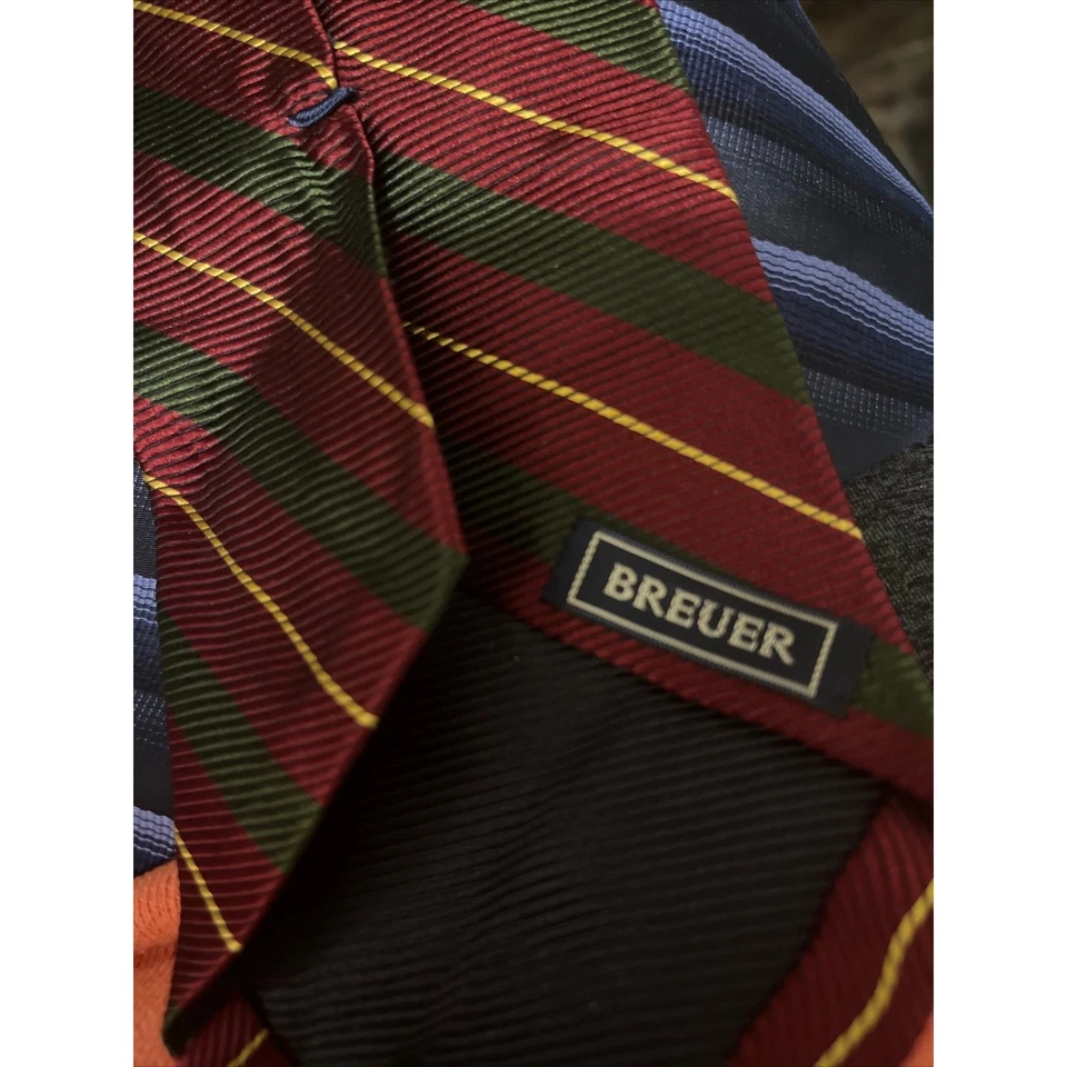 BREUER All Silk Tie Necktie Hand Made In France - Stripes Red & Green - Image 3 of 4