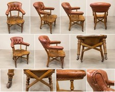 Antique Victorian Oak Captain’s Desk Chair with Leather Upholstery