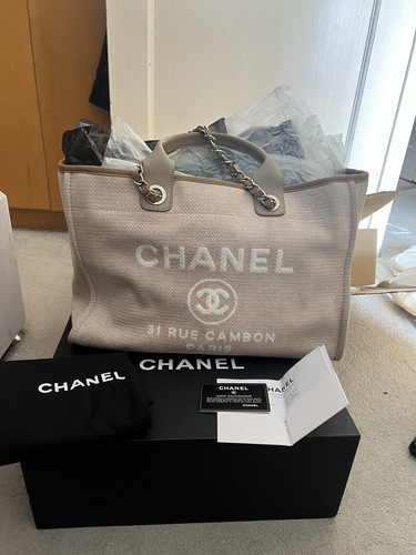 Chanel Deauville Tote Bag Beige With Silver Hardware - Pre-owned