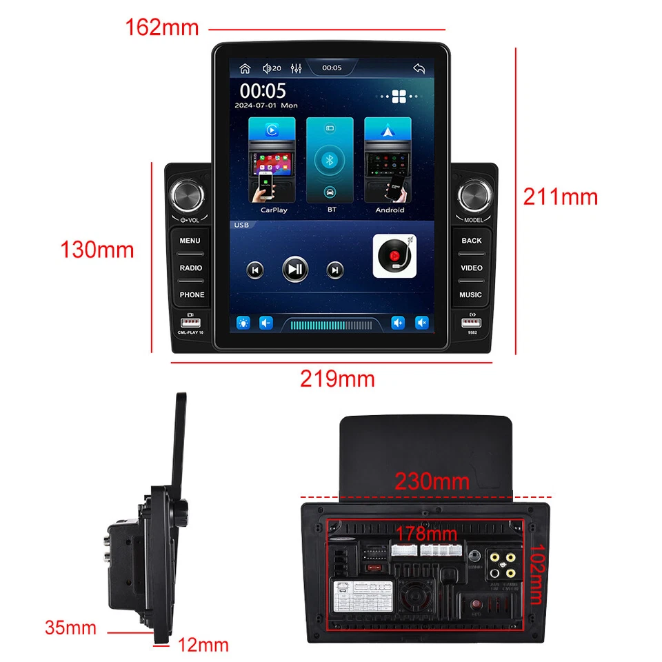 9.5" Car Radio Carplay Apple/Andriod Car Stereo Touch Screen Double 2Din +Camera - Image 2 of 4