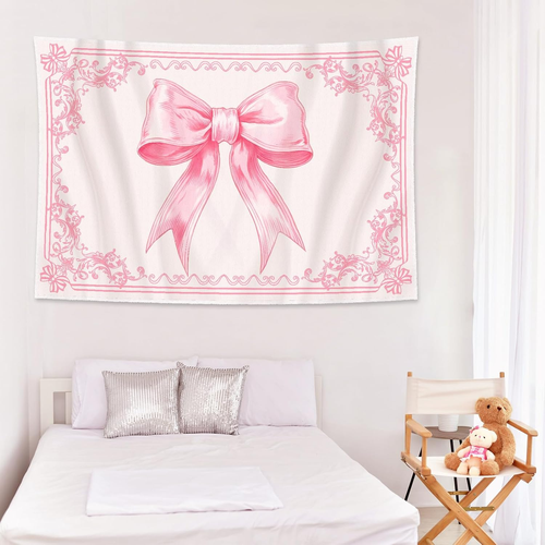 Coquette Pink Bow Tapestry, 60"x40" Wall Decor, Room Decor, Valentine's Day - Picture 6 of 12