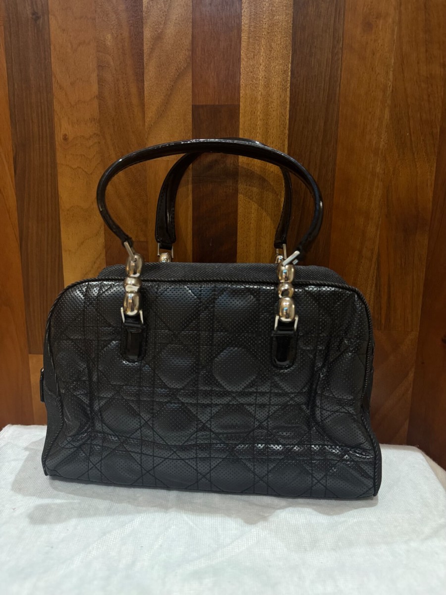 Dior Black Perforated Cannage Quilted Leather and Denim Bowler Bag