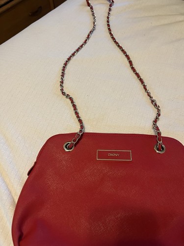 DKNY Red Soft Leather Chained Crossbody Bag 11" x 8" - Picture 6 of 10