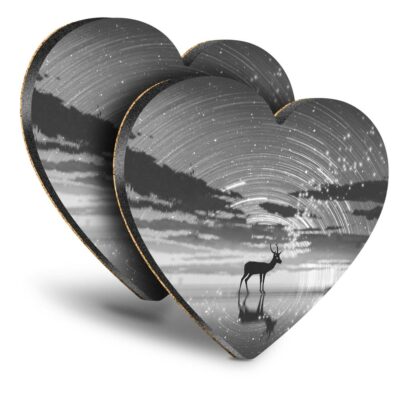 2x Herz MDF Untersetzer - BW - Magischer Hirsch Nachthimmel Fantasy #35965