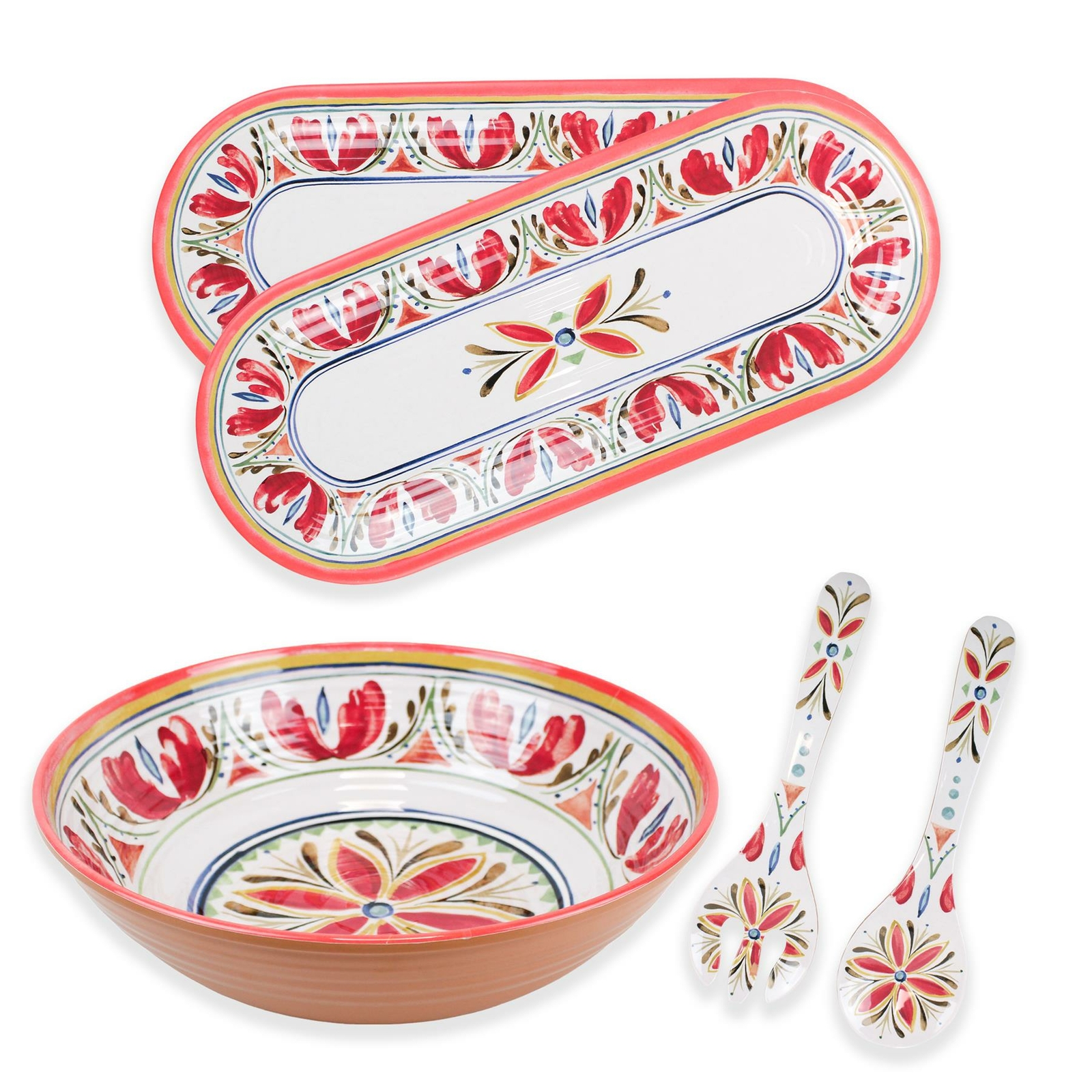 Purely Home Mediterranean Melamine/Plastic Salad Bowl, Servers & 2xOval Tray Set