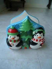Essential Home Ceramic In Relief Penguins In Front of Tree Napkin Holder 5” X 5 
