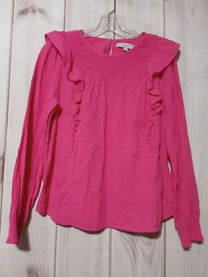 Loft Shirt Ladies Medium Pink Ruffle Long Sleeve Light Weight Textured