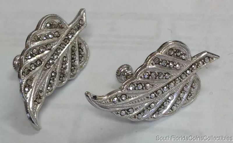 ESTATE JEWELRY VINTAGE MARCASITE LEAF EARRINGS STERLING SILVER 1