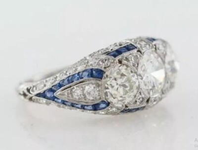 Art Deco Vintage Lab Created Diamond & Saphire 925 Silver Three-Stone Gift Ring
