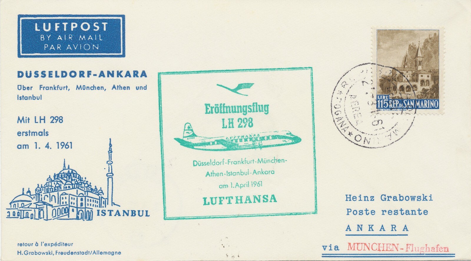 San Marino 1961 Rare. LH follower post from San Marino LH 298 DÜSSELDORF - ANKARA