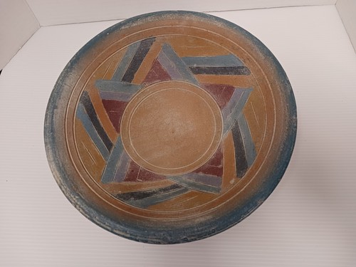 Ciotola vintage in terracotta design azteco con fondo tondo argilla rosso turchese - Foto 2 di 15