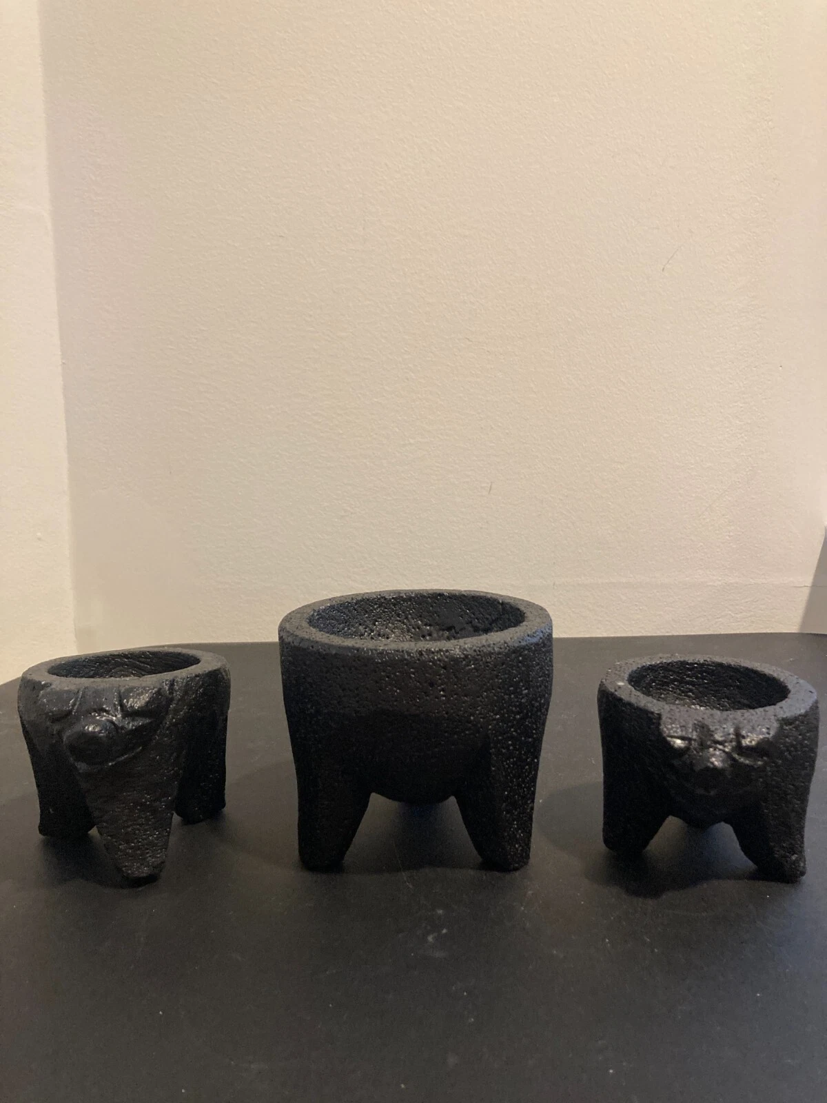 Molcajete Mexican Volcanic Lava Black Stone Mortar Pig Set of 3
