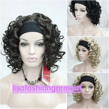 New Ladies wig shot curly Black/Brown /blonde 3/4 with headband Wigs+wig cap