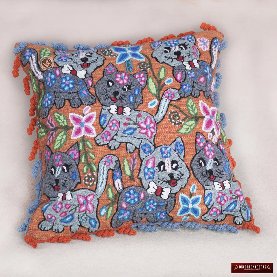 Embroidered pillow covers 18x18", Cat design,  Peruvian Accent Alpaca pillows - Image 2 of 4