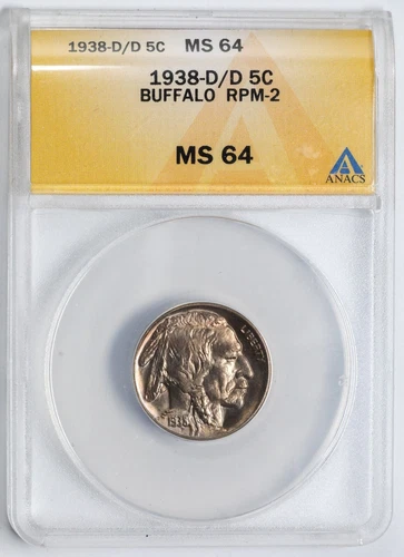 1938 D/D 5c MS64 Buffalo Nickel - ANACS- RPM-2