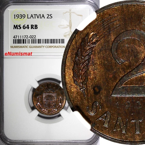 LATVIA Bronze 1939 2 Santimi NGC MS64 RB 1 YEAR TYPE Mint Luster KM# 11.2 (022)