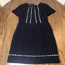 Boden Scalloped Jane Textured Dress Navy White US Sz 8 Pockets Career Excellent