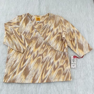 NWT Ruby Rd. Womens Yellow Embellished Ikat Textured Knit Faux Wrap Top Size 1X