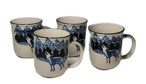 Vintage Folk Craft Wolf By Tienshan Stoneware Coffee Or Tea Mug Set of 4