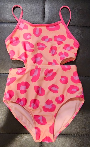 Cat & Jack Girl's One Piece Swimsuit Pink Cut Out Leopard Size Medium (8)
