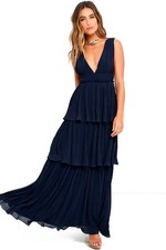 Lulus Gently Adrift Navy Maxi Dress S Pleated Tiered Blue Guest Elegant Gala NYE