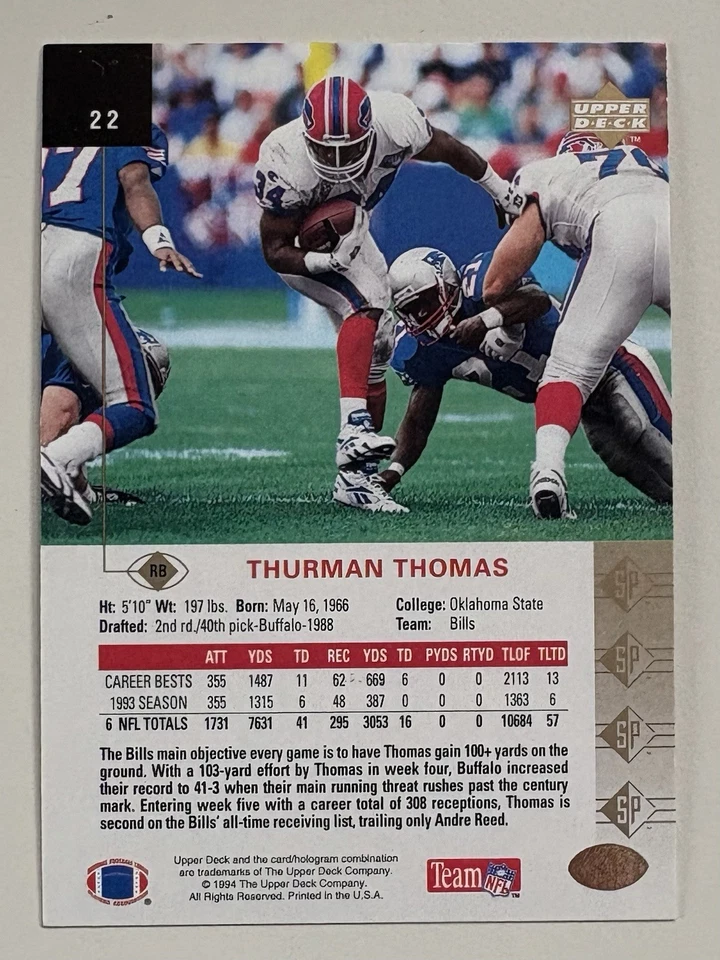 1994 SP - Thurman Thomas #22 - Image 2 of 2
