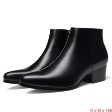 Mens Leather Pointed Toe Cuban Heel Casual Ankle Boot Dress Formal Shoes