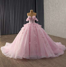 Pink Quinceanera Dresses 3D Flowers Princess Ruffles Off Shoulder Ball Gowns
