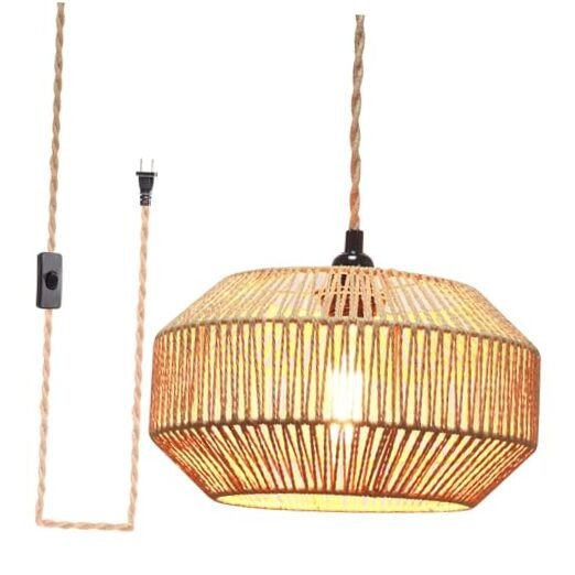 Hanging Lamp Plug in Pendant Light Rattan Hanging Lights with Plug in Cord