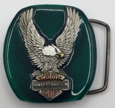 &copy;1980 Harley Davidson Pewter Green Enamel Belt Buckle Indiana Metal Craft ~ MC13