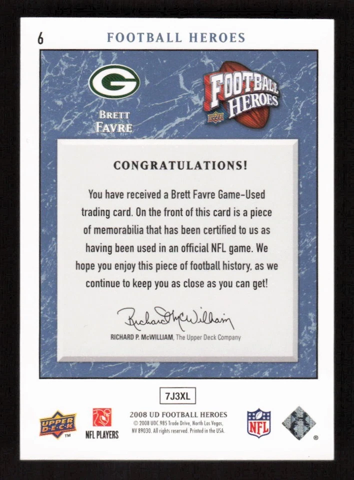 Brett Favre 2008 Upper Deck Football Heroes #6 Game Used Jersey Packers HOF /175 - Image 2 of 2