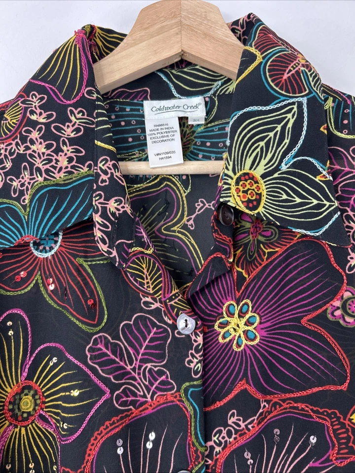 Coldwater Creek 3X Black Multicolor Floral Embroidered Sequin Button Up Blouse - image 3 of 4