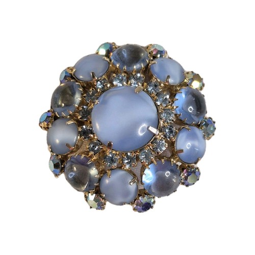 Blue Glow Brooch Pin Prong Set Frosted Glass AB Rhinestones Jewelry Vintage - Picture 1 of 7
