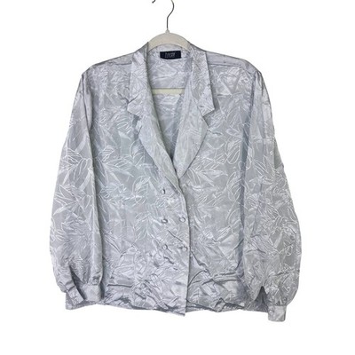 Lucia Silver Grey Satin Jacquard Leaf Print Double Breasted Blouse Top Vintage