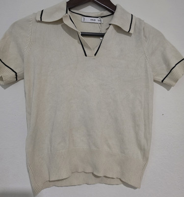 MANGO Knit Beige/Black Ribbed Trim Collared V-Neck Short Sleev XS