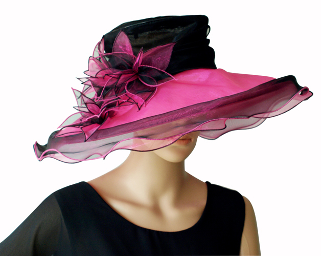 Elegante Cappello da Donna Fucsia Nero Giglio Organza Sposa di