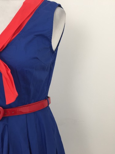 Lindy Bop Women's Pleated Dress Size 12 Blue Belted Buckle Flared Zip Used F1 - Picture 6 of 11