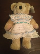 New 12" Jointed Teddy Bear W/ Beautiful Handmade Crochet Dress,Animal,Tan,Brown
